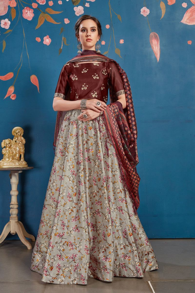 Grey Color Art Silk Digital Printed Extra Ordinary Lehenga Choli