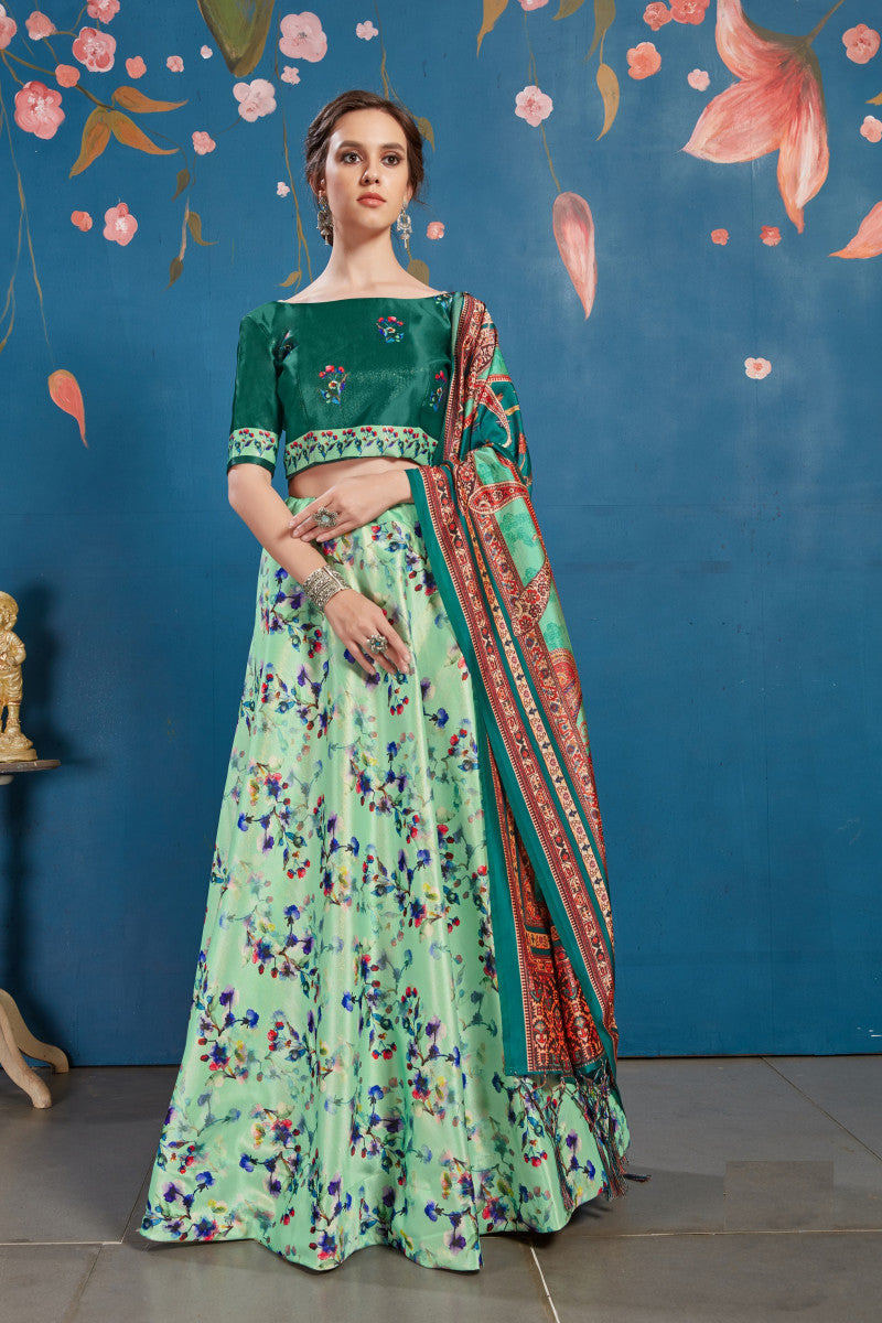 Pretty Green Color Digital Printed Art Silk Lehenga Choli