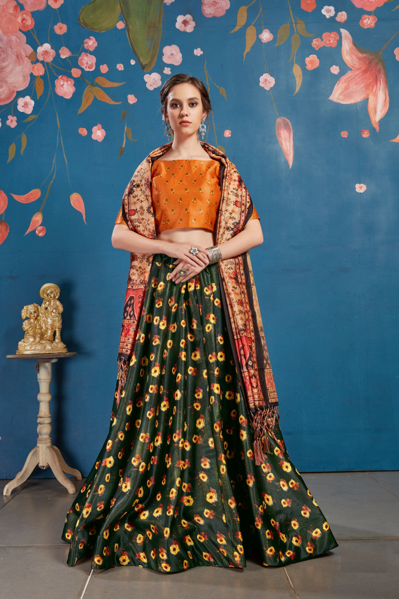 Attractive Green Color Art Silk Digital Printed Lehenga Choli