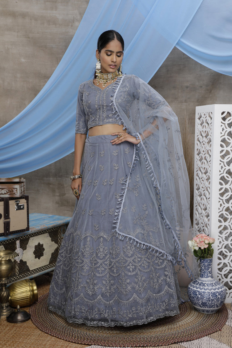 Grey Color Net Trendy Traditional Lehenga Choli