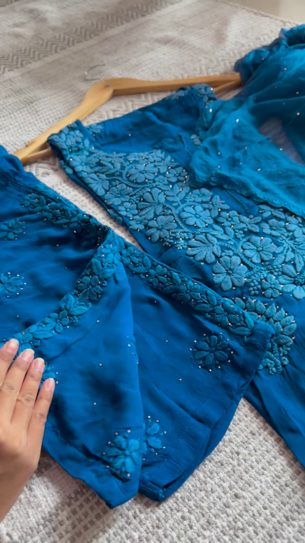 Royal Blue Hand-Embroidered Chikankari Kurta Set with Pearl Accents - Image 4