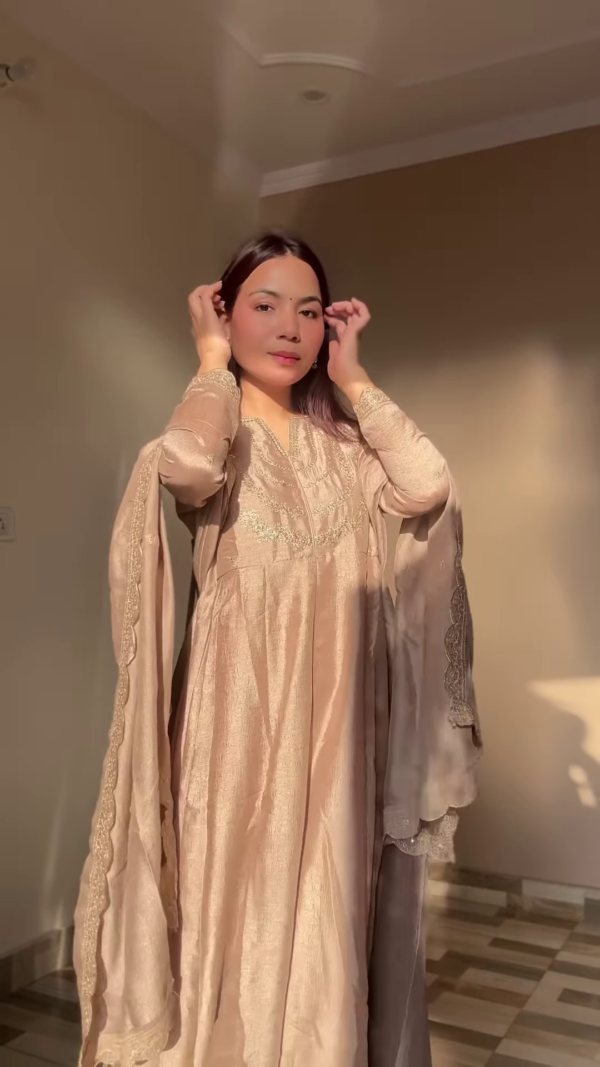 Graceful Champagne Gold Embroidered Kaftan with Flowing Silhouette - Image 2