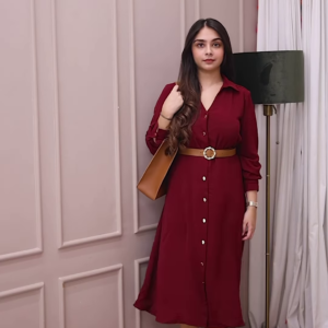 Elegant Maroon Shirt Dress with Belt – Chic & Versatile