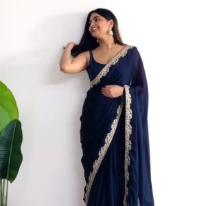 Midnight Blue Chiffon Saree with Embroidered Border – Timeless Elegance