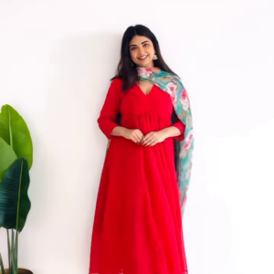 Elegant Red Flared Kurta Set with Floral Dupatta – Timeless Grace