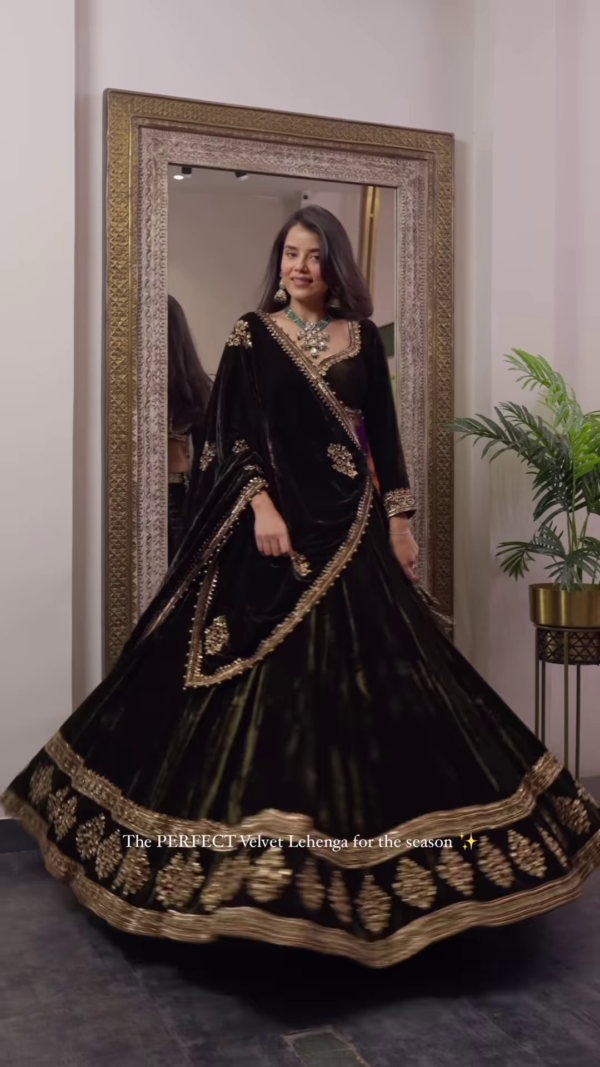 Regal Black Velvet Embroidered Lehenga Set