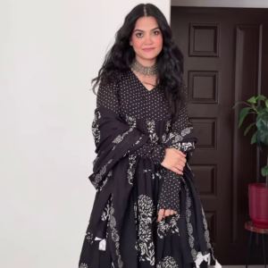 Black & White Hand-Block Printed Anarkali Suit – Timeless Elegance