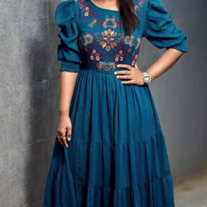 Royal Blue Embroidered Gown with Puff Sleeves