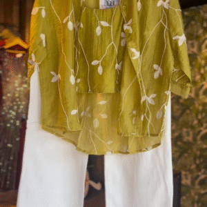 Chic Olive Green Leaf Embroidered Co-ord Set with Crop Top & Trousers - Women's Stylish Outfit