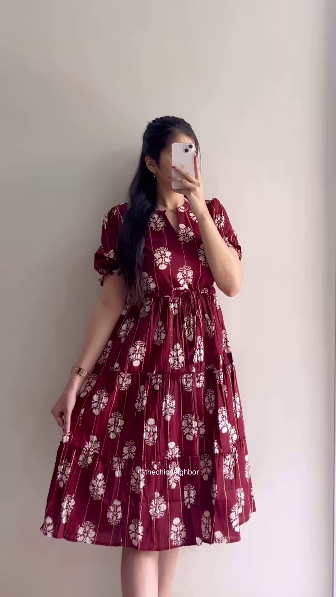 Elegant Printed Tiered Dress for Women - Stylish Maroon & White Midi Dress - Available in 6 Colors - Image 5