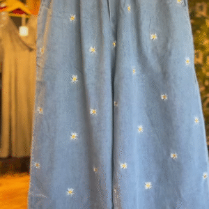 Playful Denim Wide-Leg Trousers with Colorful Flower Appliques & Lace Trim - Women's Unique Bottoms