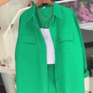 Vibrant Green Oversized Button-Down Shirt - Women's Stylish Casual Top with Pockets