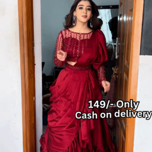 Women’s Red Embroidered Skirt Top Set with Traditional Earrings – Ethnic Doorway Portrait Ensemble