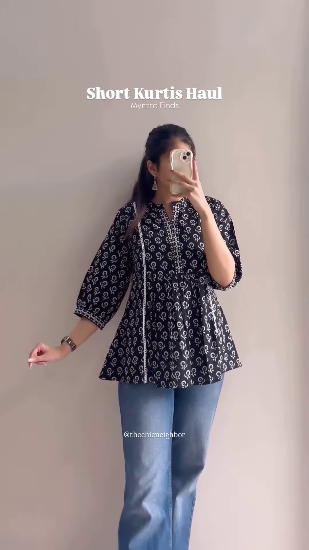 Women’s Black Short Kurti with White Threadwork & Light Blue Jeans – Casual Ethnic Streetwear Edit