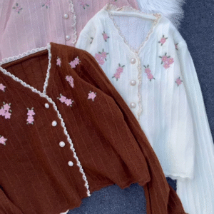 Lace-Trimmed Floral Embroidered Cardigans 🌷 Available in Pink, White & Brown