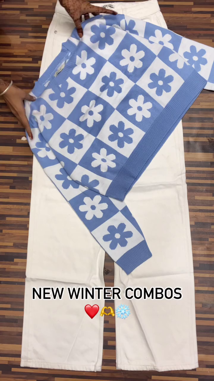 Winter Knitwear Combos ❄️ Cozy Sweaters with White & Black Pants – Floral, Wavy & Geometric Styles