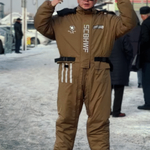 Insulated Space-Themed Jumpsuit ❄️🚀 With Belted Waist & Graphic Patches – Brown Variant