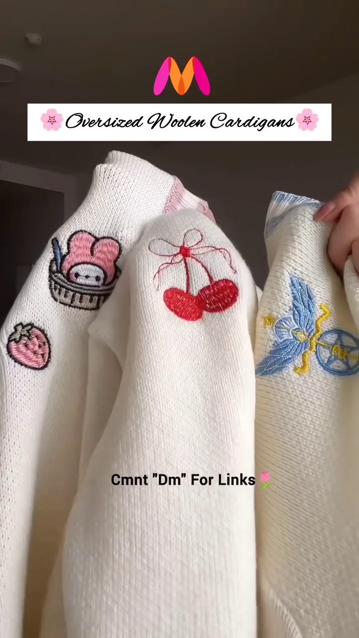 Oversized Woolen Cardigan 🧵💙 With Bow Pockets & Emblem Detail – White & Blue Variant - Image 2