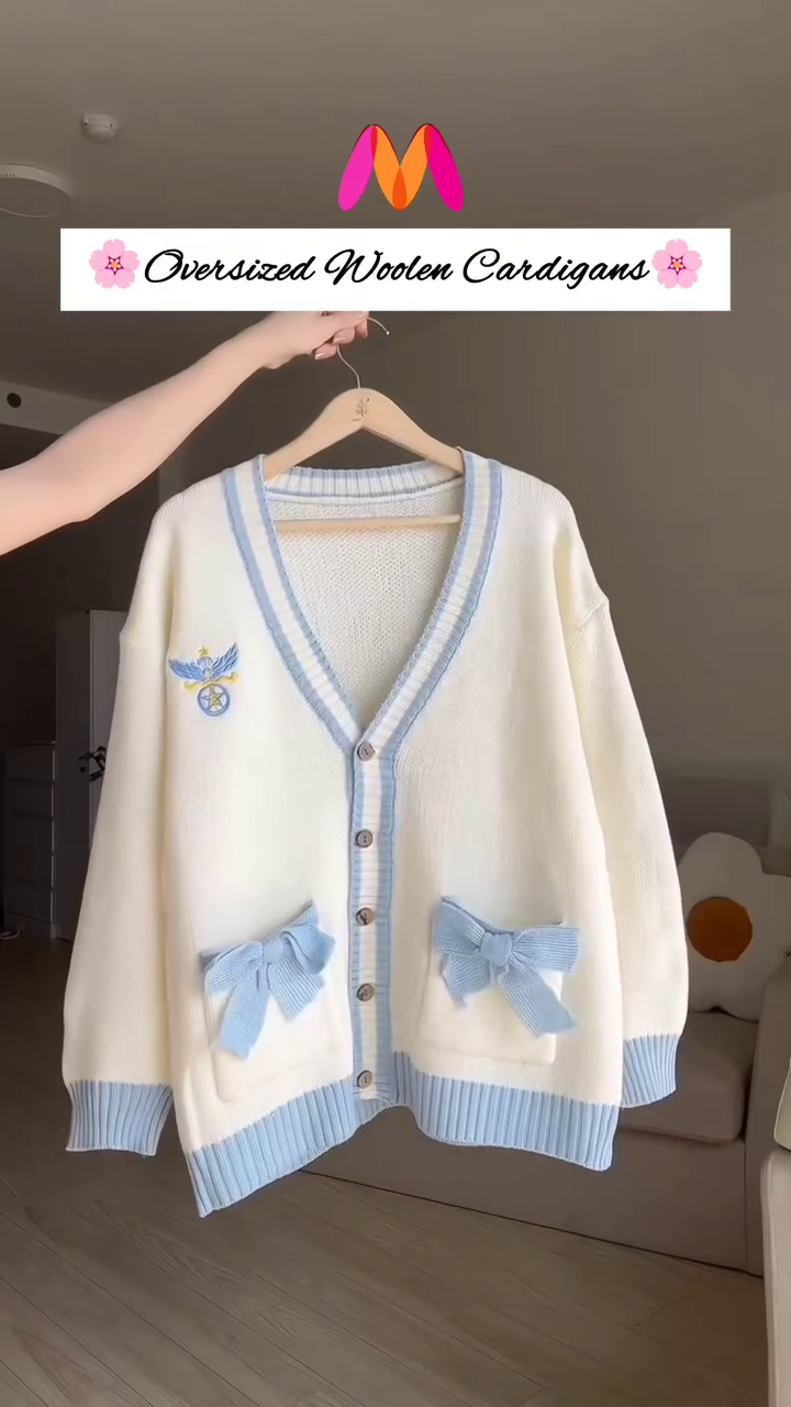 Oversized Woolen Cardigan 🧵💙 With Bow Pockets & Emblem Detail – White & Blue Variant - Image 3