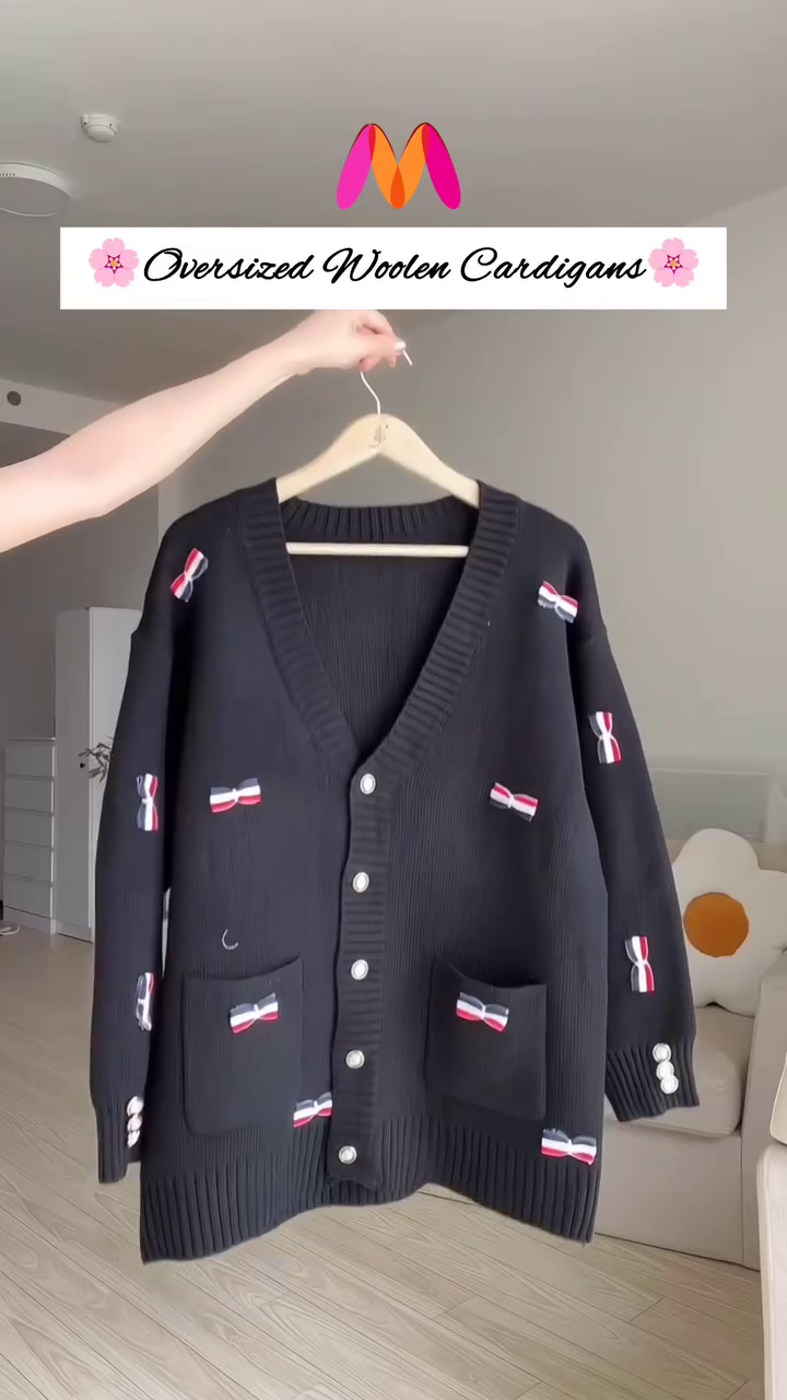 Oversized Woolen Cardigan 🧵💙 With Bow Pockets & Emblem Detail – White & Blue Variant - Image 7