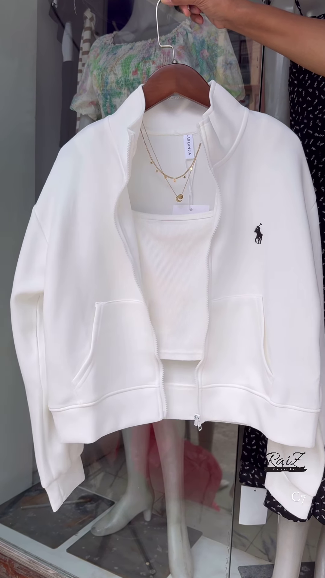 Zip-Up Layered Jackets 🧥✨ With High Collars & Gold Necklace Styling – Beige, White & Brown Variants - Image 3