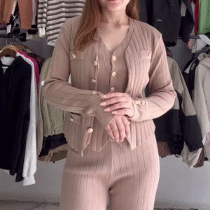 Ribbed Knit Co-ord Sets 🧶🖤 With Button Accents – Black & Beige Variants