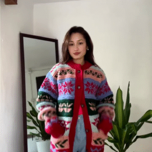 Multicolor Patterned Knit Cardigan 🧥🌈 – Styled Over Red Top & Light Blue Jeans