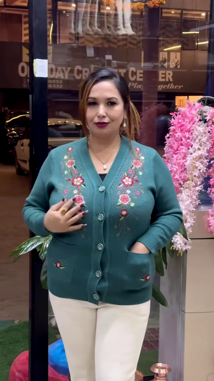 Floral Embroidered Knit Cardigans πΈπ§₯ β Beige, Maroon & Purple Variants with Button-Up Front & Pocket Detailing - Image 4