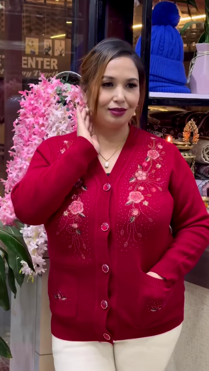 Floral Embroidered Knit Cardigans πΈπ§₯ β Beige, Maroon & Purple Variants with Button-Up Front & Pocket Detailing - Image 5