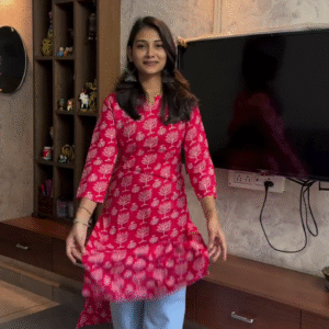 Elegant Pink Printed A-Line Kurti with Light Blue Pants – Everyday Comfort & Style