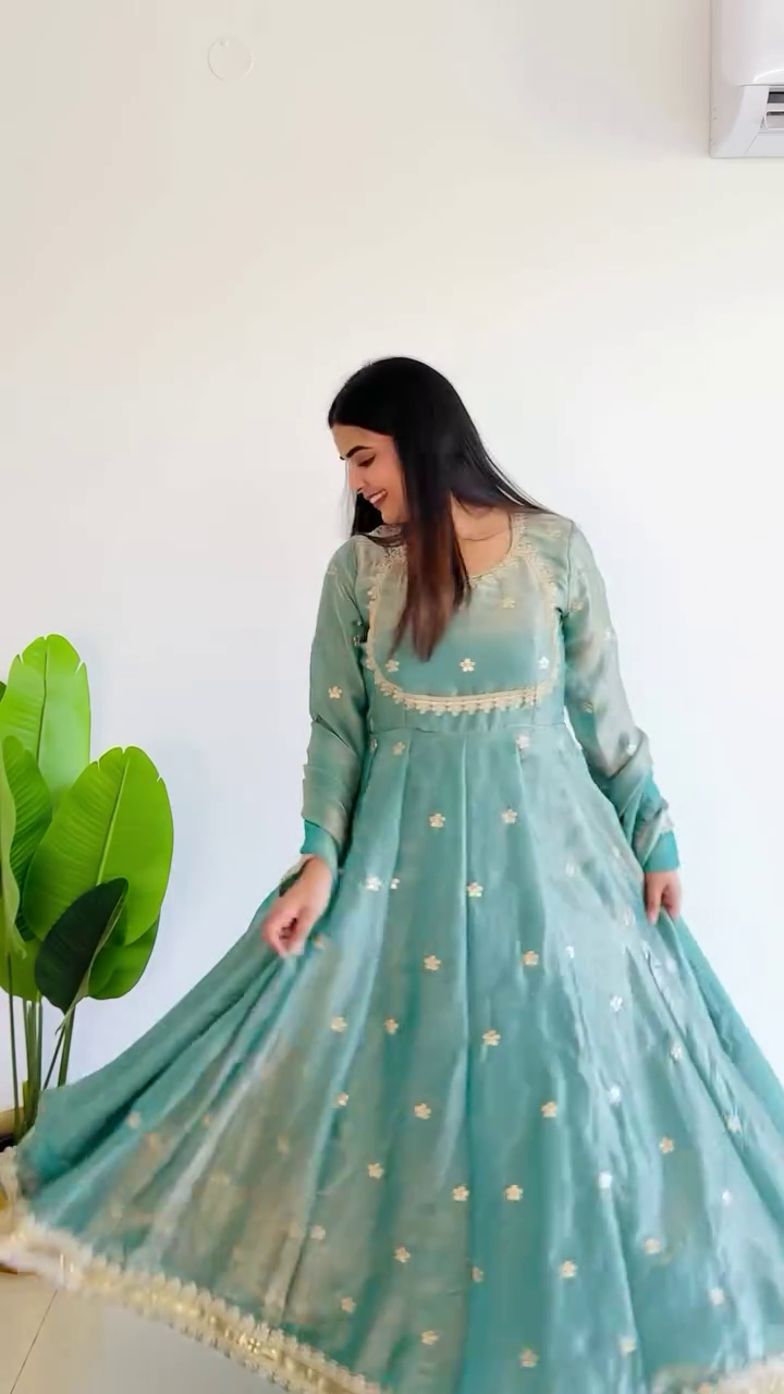 Teal Green Hand-Embroidered Anarkali Set with Dupatta & Golden Lace Detailing