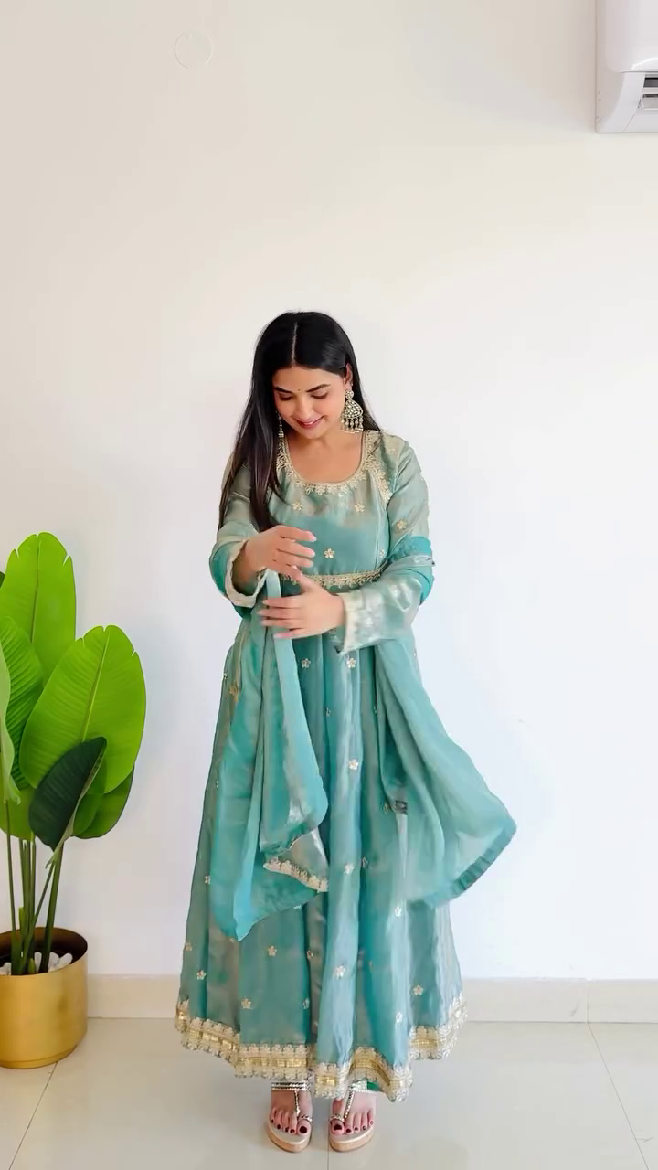 Teal Green Hand-Embroidered Anarkali Set with Dupatta & Golden Lace Detailing - Image 2