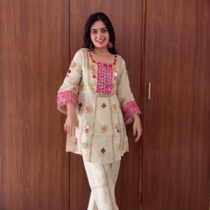 Cream Mirror-Work Short Kurti & Pant Set with Contrasting Pink Yoke