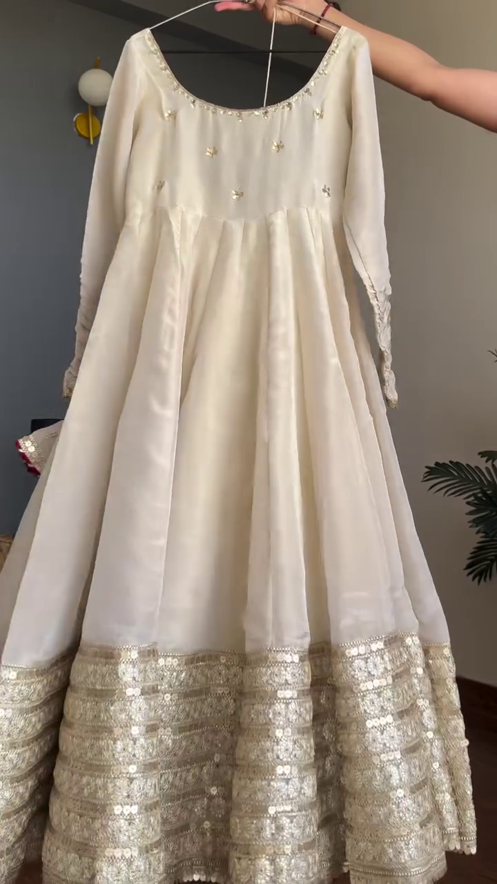 Ivory Gold-Sequined Flared Anarkali Suit with Embellished Neckline – Elegant Festive Wear - Image 2