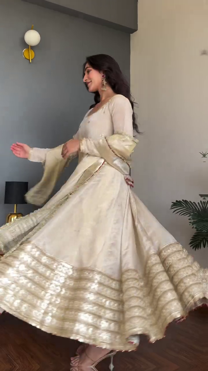 Ivory Gold-Sequined Flared Anarkali Suit with Embellished Neckline – Elegant Festive Wear
