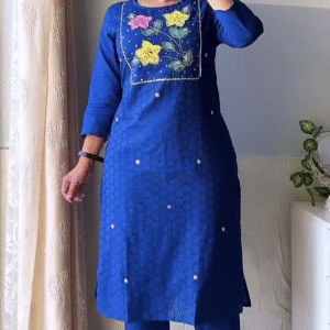 Royal Blue Floral Hand-Embroidered Straight Kurta Set with Matching Pants & Dupatta