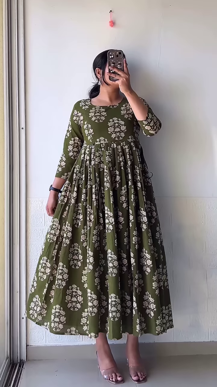 Olive Green Floral Print Anarkali-Style Maxi Dress – Casual Ethnic Comfort Edition