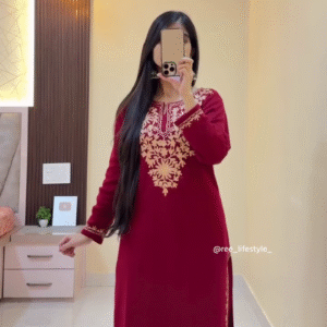 Maroon Straight Kurti with Golden Thread Embroidery – Elegant Daily & Festive Wear Edition