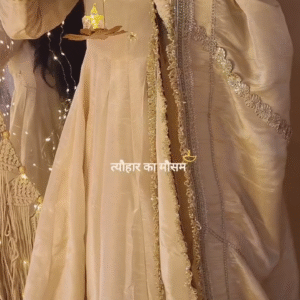 Elegant Gold-Beige Festive Silk Anarkali Suit with Heavy Zari Embroidered Dupatta