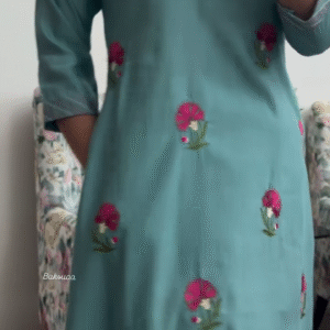 Teal Blue Floral Embroidered Straight Kurti with Striped V-Neck Detailing