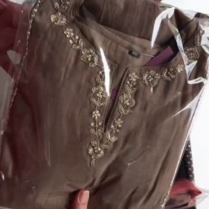 Taupe Brown Embroidered V-Neck Cotton Kurta Set