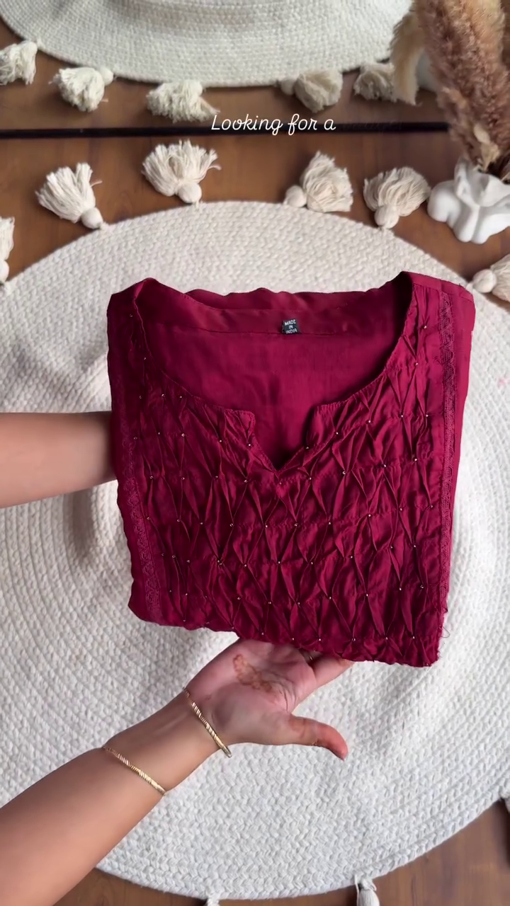 Maroon Textured Smocking Kurta with Subtle Hand-Bead Detailing