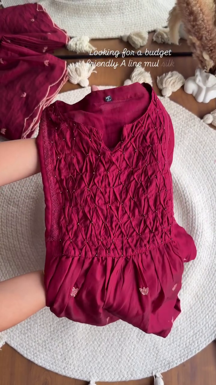 Maroon Textured Smocking Kurta with Subtle Hand-Bead Detailing - Image 2