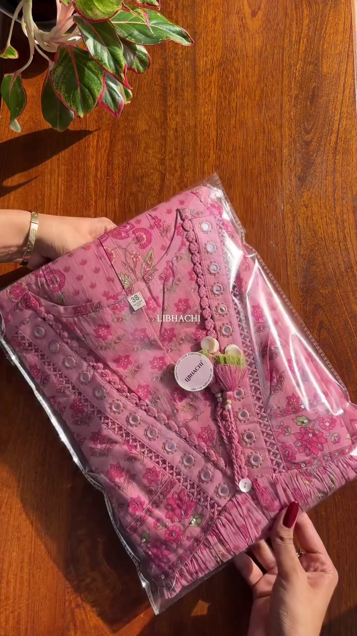 Pink Floral Mirror-Work Printed Kurti with Tassel Detailing – Soft Everyday Wear - Image 2