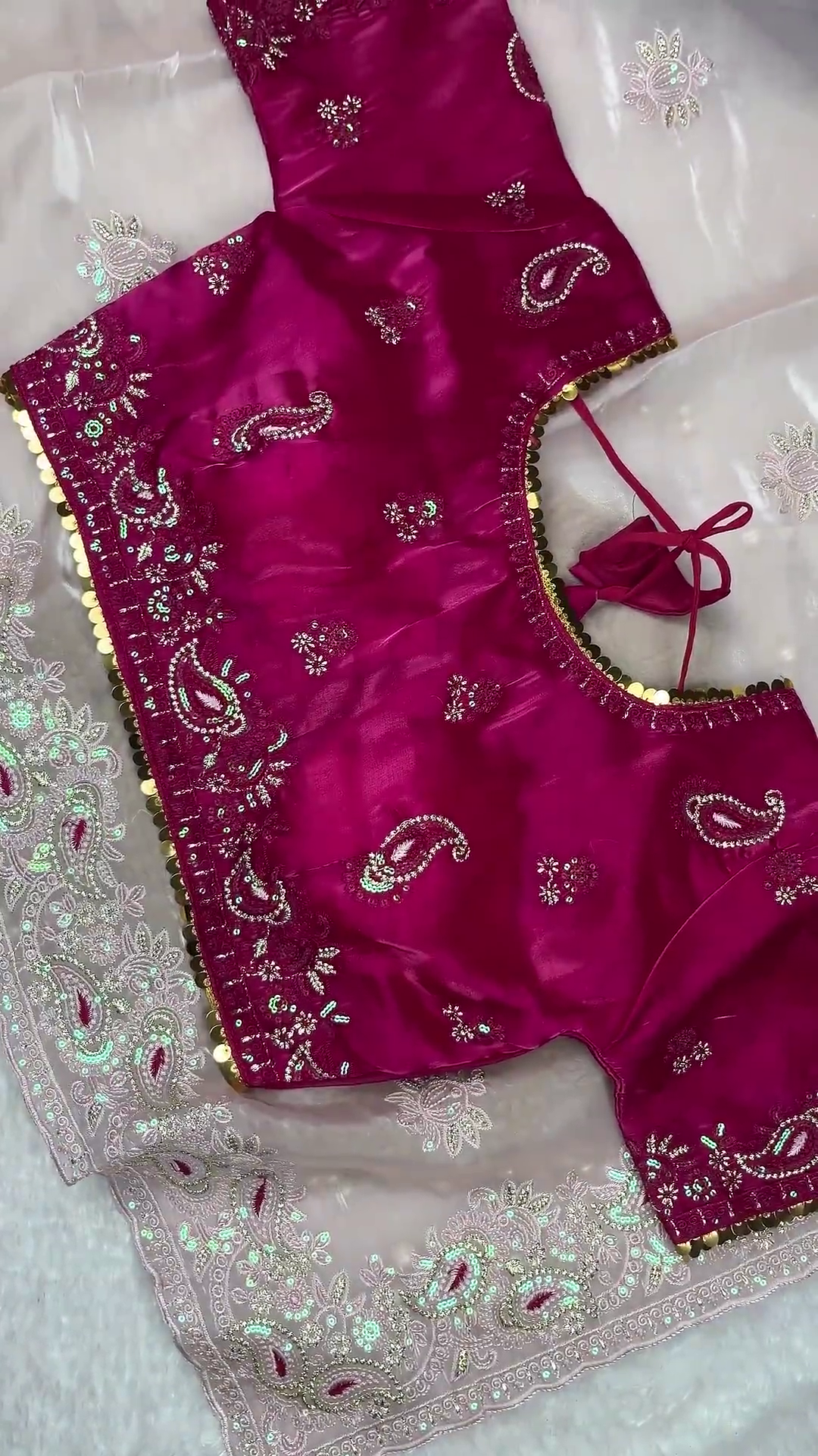 Premium Magenta Embroidered Designer Blouse with Elegant Pastel Dupatta Set - Image 2