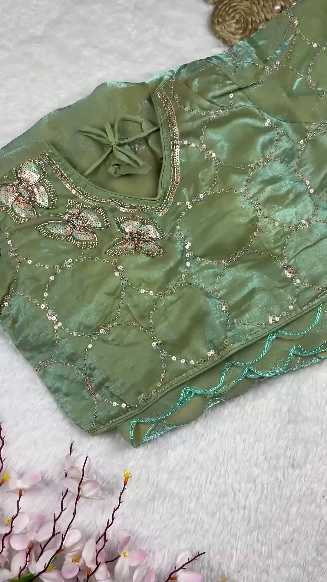 Ethereal Sage Green Ensemble with Butterfly Sequin Accents