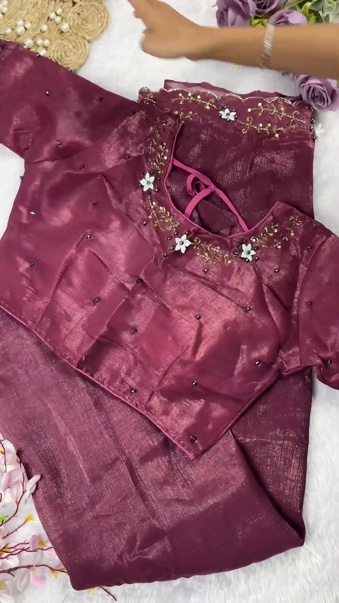 Mauve Silk Saree Set with 3D Floral Accents