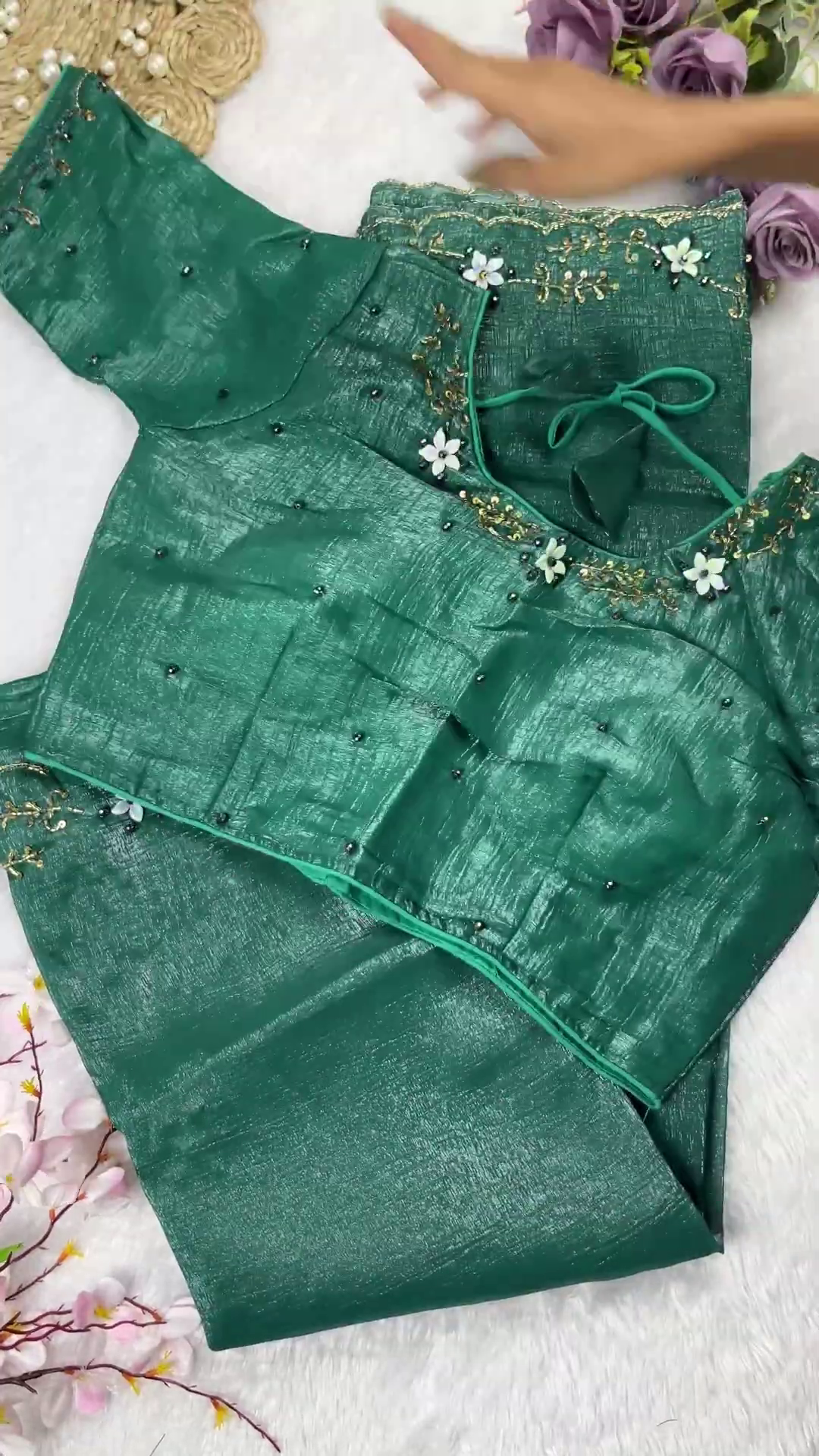 Mauve Silk Saree Set with 3D Floral Accents - Image 2