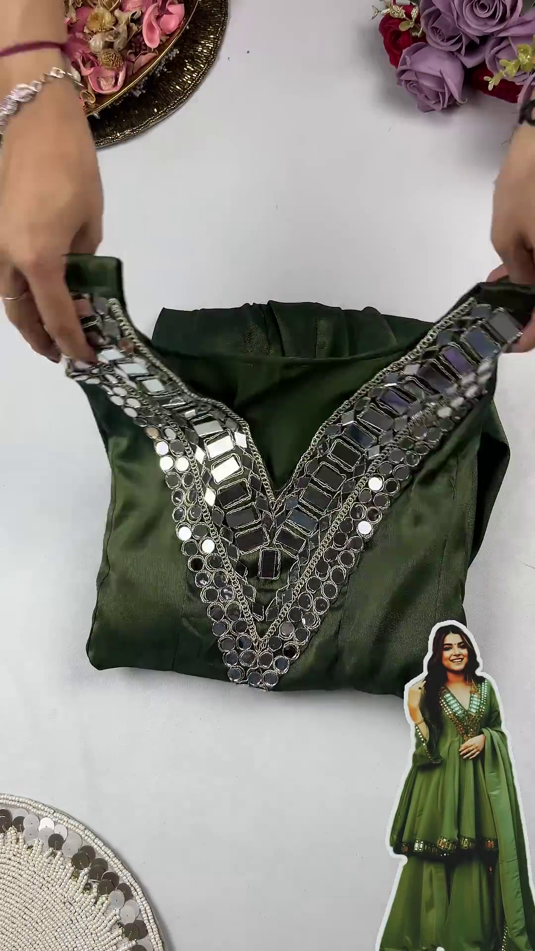 Luminous Moss Green Mirror-Work Sharara Set - Image 2