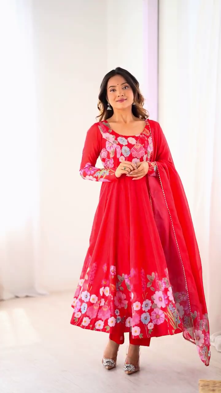 Vibrant Crimson Floral Anarkali Set